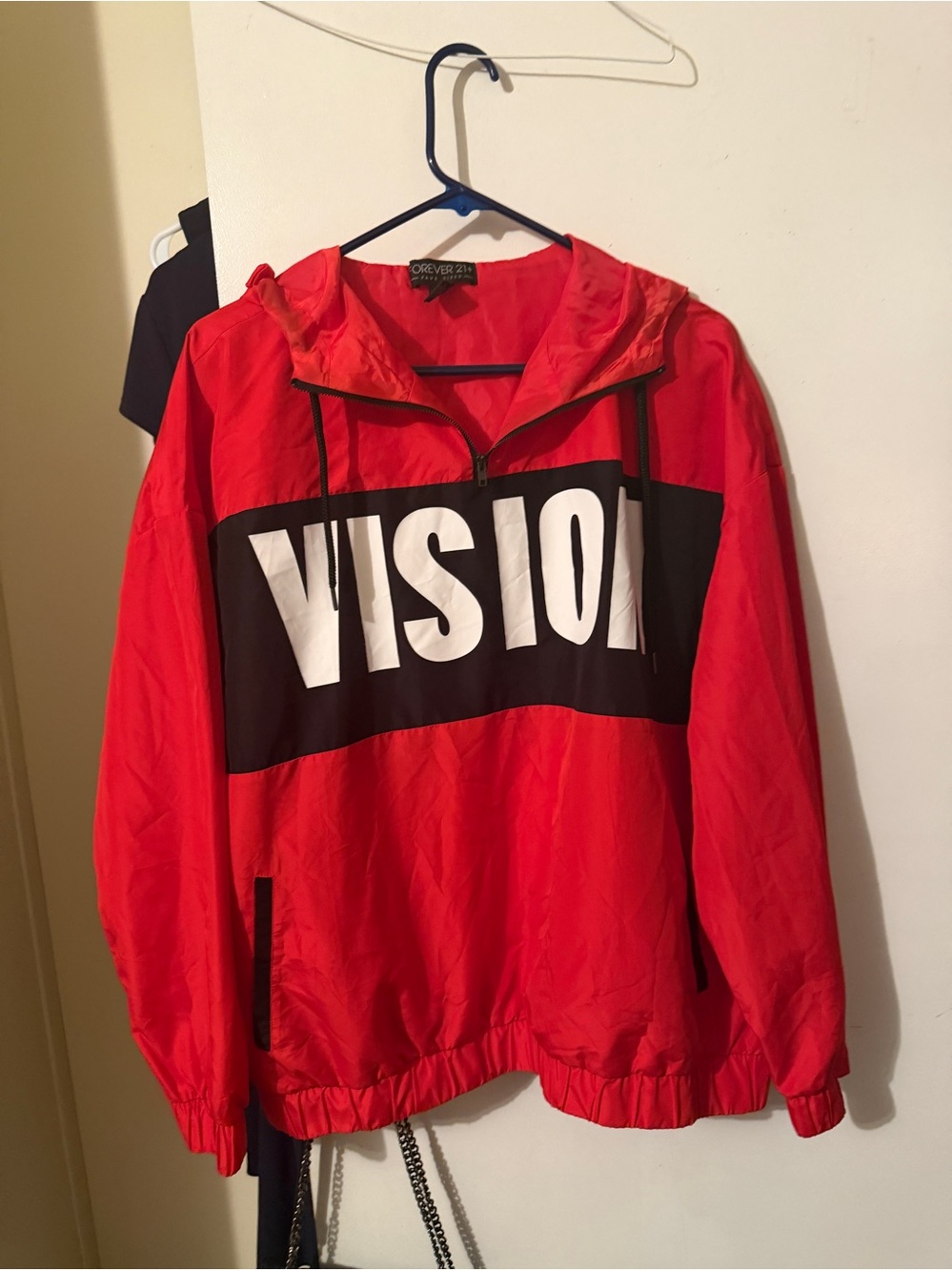 Forever 21 Red and Black Windbreaker Jacket with VISION Graphic